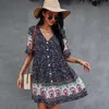 Bohemian Floral Print Sommarklänning Kvinnors Deep V Neck Kortärmad Klänningar Sexig Casual Loose Midi Dress for Women Plus Siz 210712