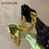SUOJIALUN 2021 Nuove Donne di Marca Sandalo Scarpe di Modo di Disegno Della Catena D'oro Sandali Delle Signore Sottile Elegante Tacco Basso Vestito Da Partito Pompe Sho K78
