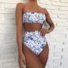 Wysoka talia bikini 2021 Sexy Black High Leg Bandeau Bikinis Zestaw Stroje Kąpielowe Kobiet Dwa Kawałki Swimsuit Kobiety Kąpiel Biquini Y0820