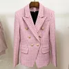 Yeni Stil En Kaliteli Orijinal Tasarım kadın Çift Göğslü Ince Blazer Ceket Pembe Houndstooth Metal Tokaları Yün Blazer Dış Giyim