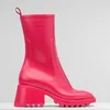 럭셔리 디자이너 여성 하프 부츠 신발 겨울 Chunky Med Heels 일반 스퀘어 발가락 신발 Rainboots Zip 여성 Mid Calf Booty 내마 모성 두꺼운 밑창 부팅