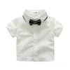 Baby pojkar gentleman stil kläder sätter sommar toddler kortärmad tröja med bowtie + striped suspender shorts 2st set barn passar spädbarn outfits