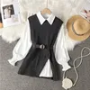 2023 Spring Fall Dames Two -Piece Shirt Shirt Blouse Sets Casual Lantern Sleeve gebreide Vest Suits College Style Tops