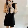 Women French Retro Mini Dress Patchwork Long Sleeves Gentle Elegant Stand Neck Chic Female Fashion Clothe 210525