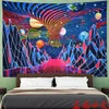 Tapisserier Trippy Mountain and Planet Tapestry Hippie vågor retro abstrakt rymdlandskap