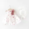 2piece sommaruppsättning nyfödda kläder för baby flicka klänning söt båge prinsessa ärmlös bomull spädbarn födelsedag klänningar + sol hatt bc1864 g1129