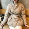 Aelegantmis Loose Casual Sashes Argyle Thin Coat Women Winter with Belt V Neck Parkas Female High Quality Warm Elegant Jackets 210607