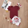 Zomer Kinderen Sets Korte Mouw O Neck Claret Solid Rompertjes Print Floral Shorts Leuke 2 stks Meisjes Jongen Kleding Set 0-2T 210629