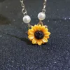 Moda Pérola Sunflower Folha Pingente Colar Bonito Sunflower Flor Clavícula Chain Feminino Jóias Colares Para As Mulheres G1206