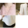 Shintimes pliegues fino encaje manga corta mujer blusa con cuello en v tops de verano ropa de moda coreana botón gasa camisas para mujer 210615