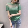 Summer Korean Clothes Knit T-Shirt Sexy Shiny Diamonds Transparent Women Tops Bottoming Shirt Elastic Comfy Tees New 2021 T04915 H1230