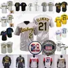 21 Roberto Clemente Koszulka retro Szara prążkowana Puerto Rico Żółta retro konopno-szara 21 Naszywka z flagą Hall of Fame Czarny Santurce Crabbers Biały pulower