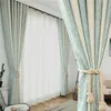 Striped Nordic Style Blue-green Curtain for Living Room Shade Chenille Thickened Warmth and Cold-proof Curtain 211203