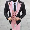 Pink Caual Men Suits with Black Jacket 3 Piece Wedding Groomsmen Tuxedo New Male Fashion Costume Double Breasted Vest Pants X0909