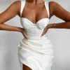 Wiosna Damska Dress Moda Square Neck Plised Split Sukienka Seksowna Torba Hip Tight-Dopasowany Elegancka Casual Party Dress 210625