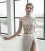 2021 spitze Abendkleider High Neck Cap Sleeve Slit abiti Lange Prom Kleider vestidos A-linie Prinzessin Land Kleid plus Größe