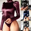 Femmes Sexy Casual Tache Turtleneck Long Puff Sleeve Body Tops Noir Côtelé Femme Fashion Party Short Romper Body 210309