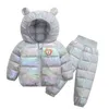 2021 neue LED-Licht Kinderkleidung Sets Winter Mädchen und Jungen mit Kapuze Baumwolle Daunenjacken Mantel-Hose Overalls Anzug für warme Kinderkleidung