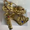 Sandały Luksusowy Diament Chunky Heel Wedding Buty Ślubna Wysoka Platforma Jewellered Rhinestone Kostka Pasek Prawdziwe Skórzane Kobiety Lato