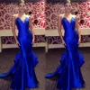 Elegante blauwe satijnen zeemeermin prom jurken sheeer sweetheart nek ruche lange formele avondjurken vrouwen meisjes speciale gelegenheid feestjurk