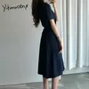 Przycisk Yitimuceng Suknie Dla Kobiet Szczupła Midi Elegancka Sukienka Wysoka Talia Dark Blue Beige Odzież Letni Koreański Moda 210601