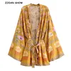 Frauen böhmischen gelben V-Ausschnitt Blumendruck Kimono Shirt Urlaub Strand Schleife Schärpen mittlere lange Strickjacke Bluse Tops 210719