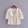 ZA Spitze gespleißte Sommer Bluse Frauen Kurzer Puff Sleeve Jewel Button Vintage Top Frau Mode Weiche Anbau Ruffle Blusen 210602