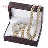 Смотреть Chuhan 3pcs/Set Hip Hop Cuba Chains Iced Out Set Set модные роскошные алмазные стальные ленты Quartz Watch   Браслет J491