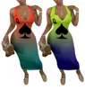 CM.yaya Summer Women Black Queen Poker Card sin mangas Vneck Tank Bodycon Midi Midcalf Dress Club Sexy Party Lápiz Vestidos 210315