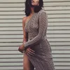 Women's Knitted Beach Dress Cover-Ups Sexy slanted shoulder slit crocheted hollow wool dress