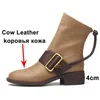 Meotina Buckle Real Leather Mid Heel Short Boots Women Shoes Zipper Chunky Heels Fashion Ankle Boots Ladies Autumn Winter Black 210608