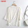 Tangada 여성 빈티지 화이트 루즈 코튼 티셔츠 긴 소매 o 목 티셔츠 캐주얼 티셔츠 스트리트 착용 탑 4C114 210609