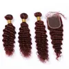 99J vinho vermelho malaio onda profunda cabelo humano 3 pacotes e fechamento borgonha vermelho tece onda profunda encaracolado extensões de cabelo virgem with2431034