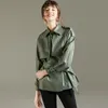 FTLZZ Bahar Sonbahar Yaka Faux Deri Ceket Kadınlar Yeşil PU Ceket Basitlik Gevşek Ceketler Ofis Bayan Dış Giyim Kemer Ile