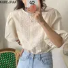 Korejpaa Women Shirt Summer French Gentle Round Neck Lace Hollow Crochet Stitching Loose All-Match Puff Sleeve Blouses 210526