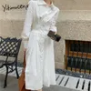 Yitimuceng White Dresses for Women Ruched Button Up Korean Fashion Simple Elegant Midi Dress Långärmad Vår Sommar 210601