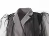 [EAM] femmes gris maille Irreuglar Long Blazer revers manches courtes coupe ample veste mode printemps été 1DD8663 211019