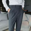 Дизайн мужчин Высокие талии брюки твердое Англия Бизнес повседневная костюм брюки ремень прямой тонкий подходит нижняя белая одежда 211108