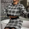 Glamaker Knitted plaid women skirts suit Elegant cropped sweater top and mini skirts Autumn winter office warm sweater dress set 211119