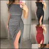 Casual Jurken Womens Kleding Apparel Bodycon Dress Off Shoder Shiny Spring Herfst Midi Slash Hals Strapless High Split Bruiloft Lange Pak C