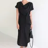 Korejpaa Women Dress Summer French Elegant Pile Collar Design Sense Three-Button Waist Irregular Short-Sleeved Wrap Vestido 210526
