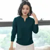 Korean Chiffon Women Blouses Office Lady Satin Long Sleeve Shirt V Neck Solid Tops Plus Size 210531