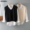 Boy Bahar Sonbahar Pamuk Kazak Yelek Kadın U-Boyun Gevşek Örme Yelek Kadın Rahat Tank Tops Sleevelsweater Kazaklar X0721