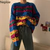 Neploe Chic Retro Crazy Style Luźne Pull Femme Graffiti Lover Rainbow Paski Knit Sweter O Neck Długi Rękaw Plasteclover 210830