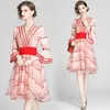 Women Designer Elegant Dress Embroidery Mesh V Neck Flare Sleeve Sexy Slim Cocktail Party Robe Female Vintage Dress Vestidos 210525