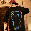 Oversize t camisas dos desenhos animados urso impressão reflexiva arco-íris camisetas harajuku streetwear top tees algodão casual meia manga roupas 220224