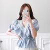 Women Sweet Fashion Ruffled Blue striped Blouses Vintage V Neck Short Sleeve Female Shirts Slim Blusas Chic Tops 210529