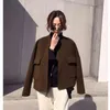 Jesień Korea Zima Moda Kobiety Luźna Krótka Kurtka Zagęścić Plaid Woolen Coats Double Pocket Cardigan Vintage Coat S218 211105