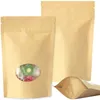 100pcs/lot Kraft Paper Bags Stand Up Reusable Sealing Food Pouches with Window for Storing Cookie Dried Food Package