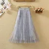 Elegant broderad mesh kjol Emale Spring Long Fairy Skirt Elastic Wasit A ​​Line Flower Women Pleated Skirt Party Streetwear 210619